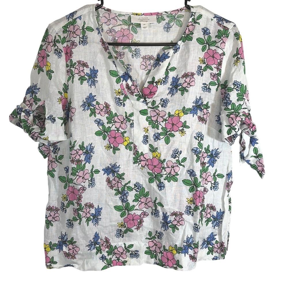 Charter Club Women Floral Cottagecore Boho Linen Blouse Short Sleeve Petite PP